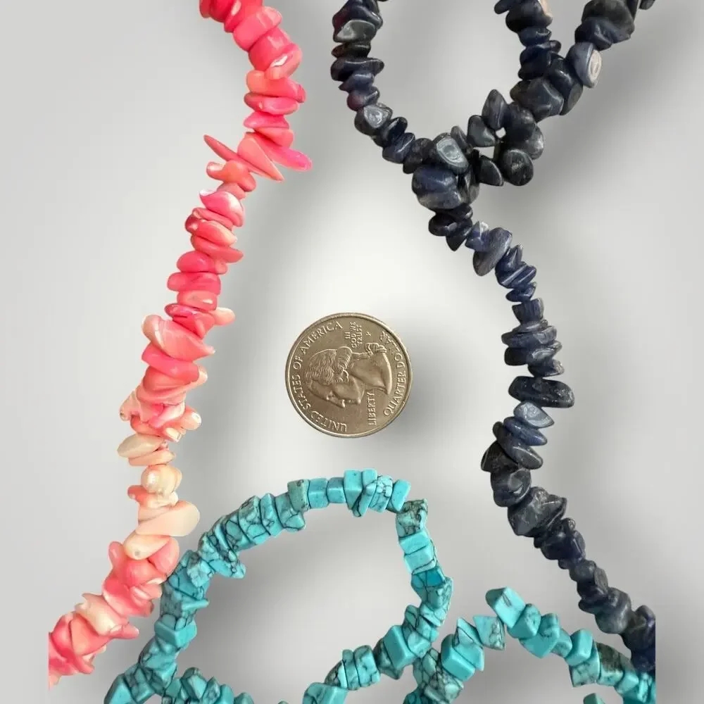 Natural Stone Chip Bead Necklace Set 34” Turquoise Coral Sodalite Boho Style